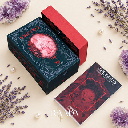 Four Scarlet &amp; Black Tarot cards including The Emperor, The Hierophant and The Lovers, arranged among amethyst and lavender.