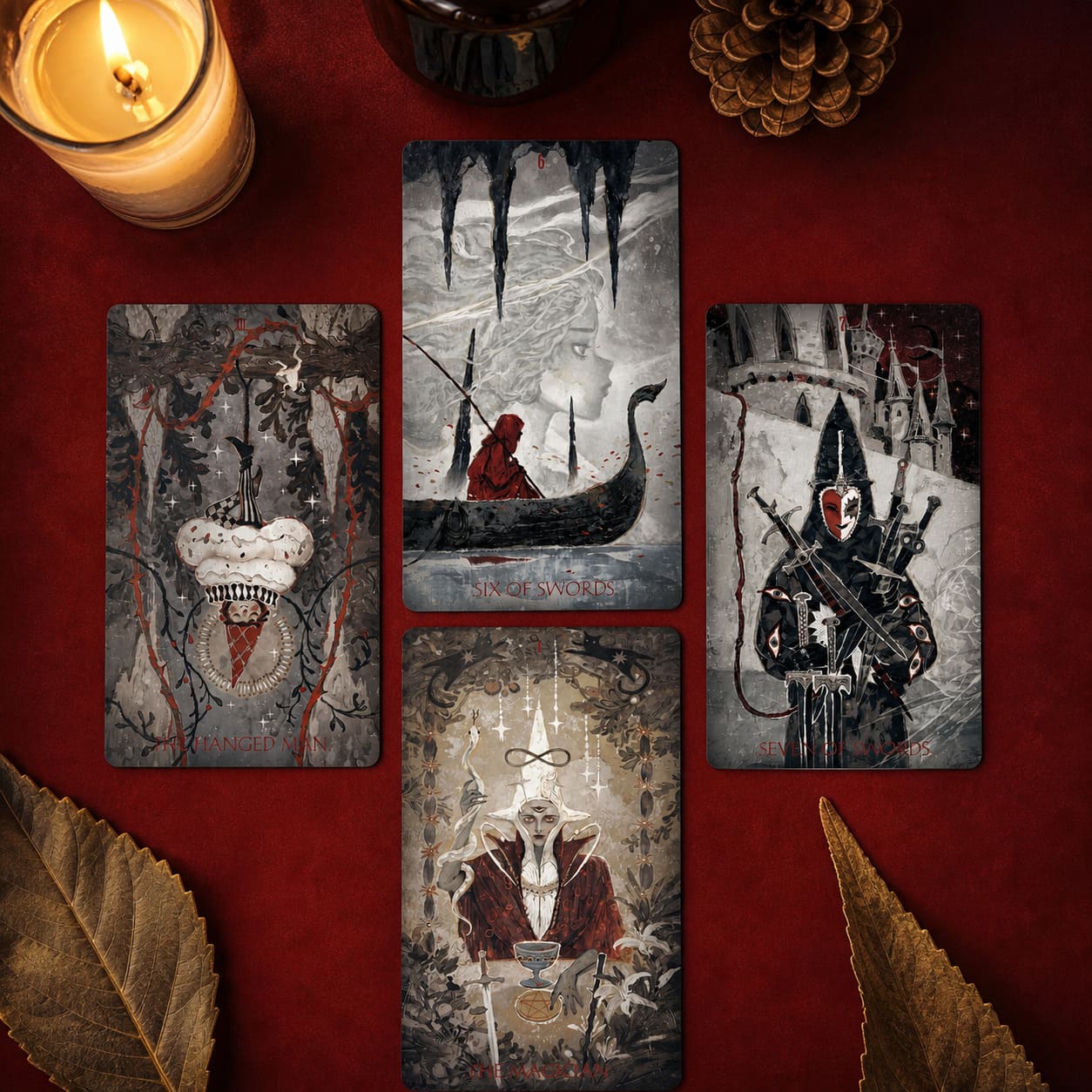 Scarlet &amp; Black Tarot red black botanical cards with dramatic portraits for intuitive reflection