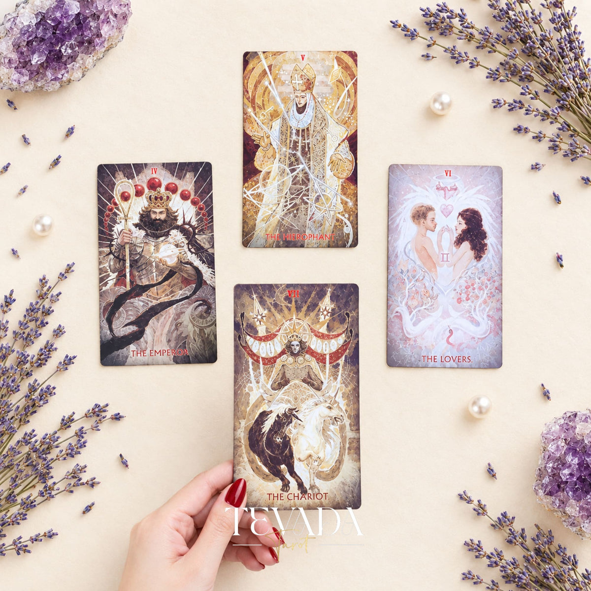 A fan of dark Scarlet &amp; Black Tarot card backs with red wing motifs and a pale illustrated card below.