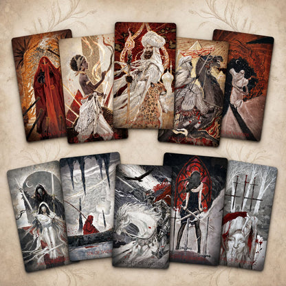 Scarlet &amp; Black Tarot red black botanical cards with dramatic portraits for intuitive reflection