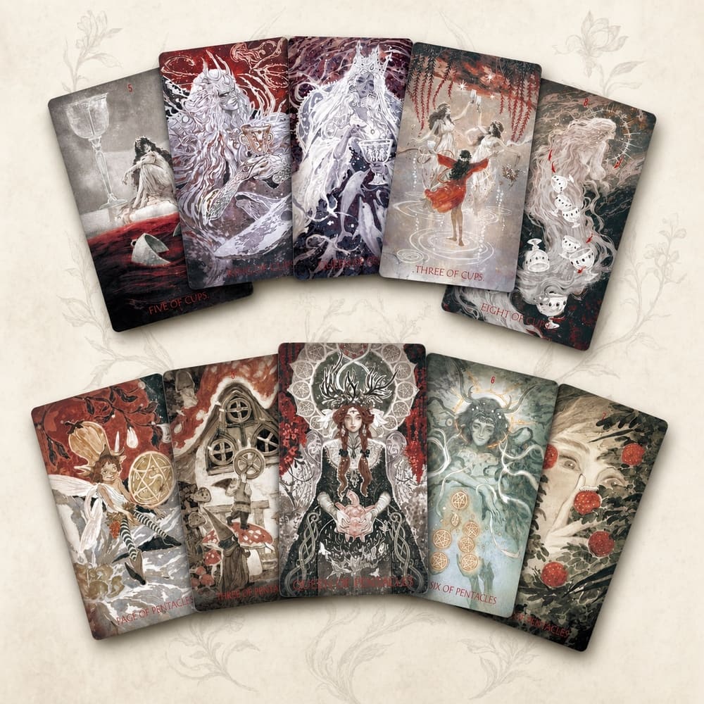 Scarlet &amp; Black Tarot red black botanical cards with dramatic portraits for intuitive reflection
