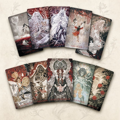 Scarlet &amp; Black Tarot red black botanical cards with dramatic portraits for intuitive reflection