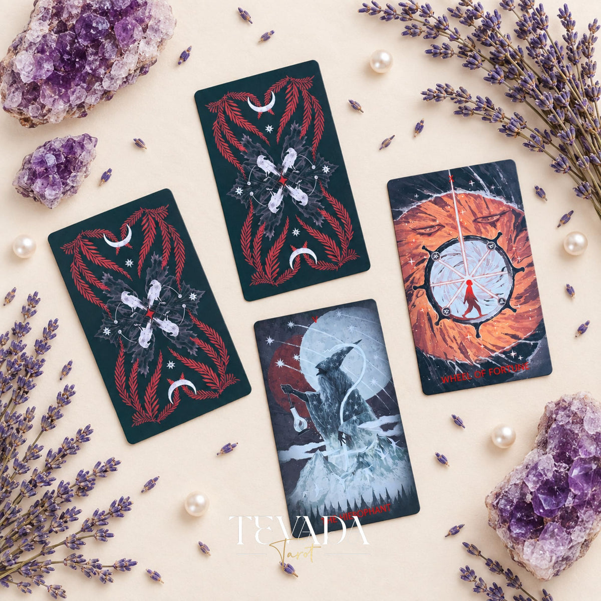 Three Scarlet &amp; Black Tarot cards with a central Hanged Man image and two other pale and dark gothic scenes.