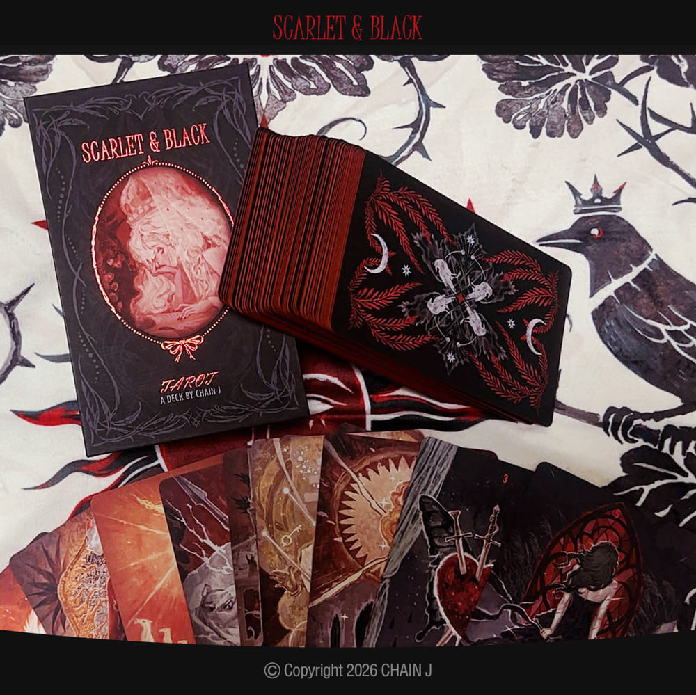 Scarlet &amp; Black Tarot red black botanical cards with dramatic portraits for intuitive reflection