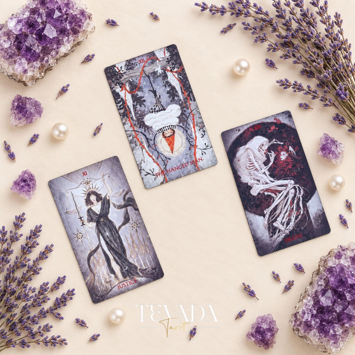 Two Scarlet &amp; Black Tarot cards with winged and horned figures, including The Devil, on the lavender-styled background.