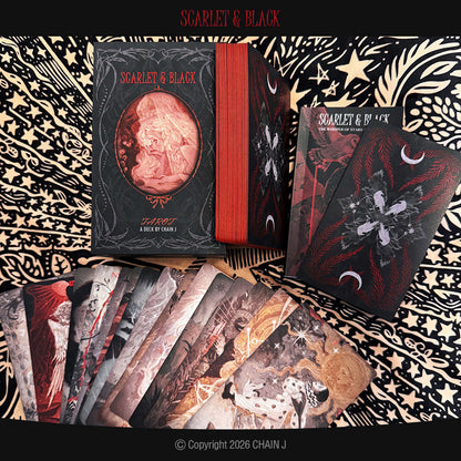 Scarlet &amp; Black Tarot red black botanical cards with dramatic portraits for intuitive reflection