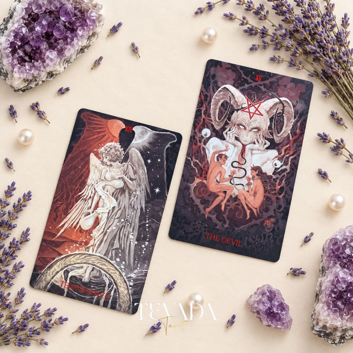 The Sun card beside a romantic illustrated card from Scarlet &amp; Black Tarot, framed by amethyst crystals and lavender sprigs.
