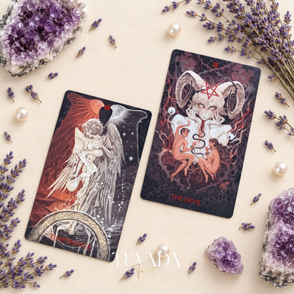 The Sun card beside a romantic illustrated card from Scarlet &amp; Black Tarot, framed by amethyst crystals and lavender sprigs.