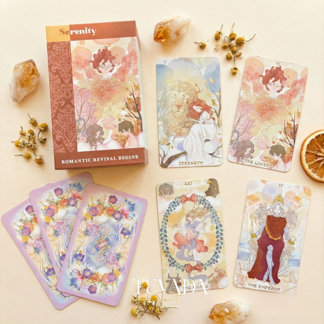 Serenity Tarot Deck vintage oil painting style Indie Tarot Cards with pastel holographic edges for daily ritual.