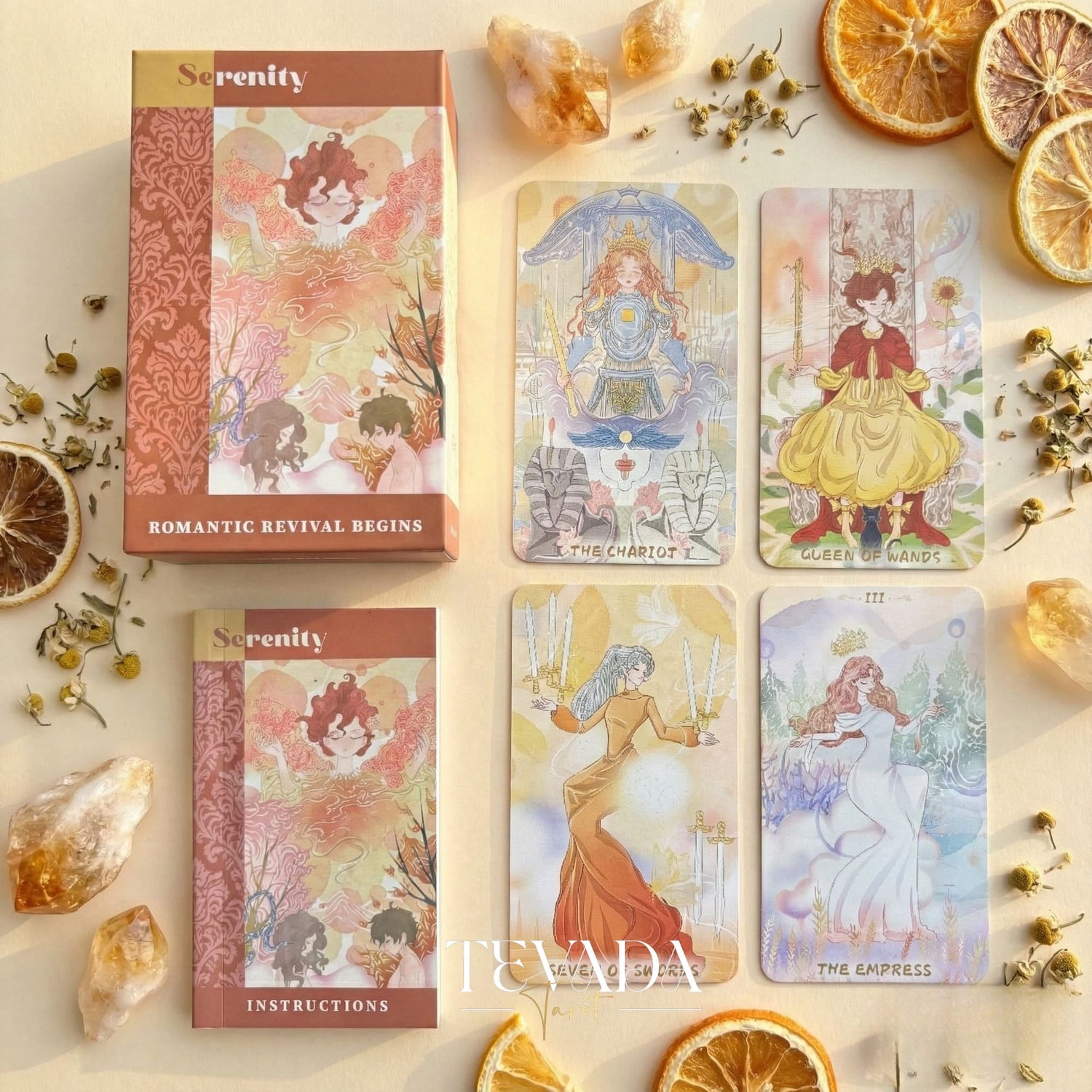 Serenity Tarot Deck vintage oil painting style Indie Tarot Cards with pastel holographic edges for daily ritual.