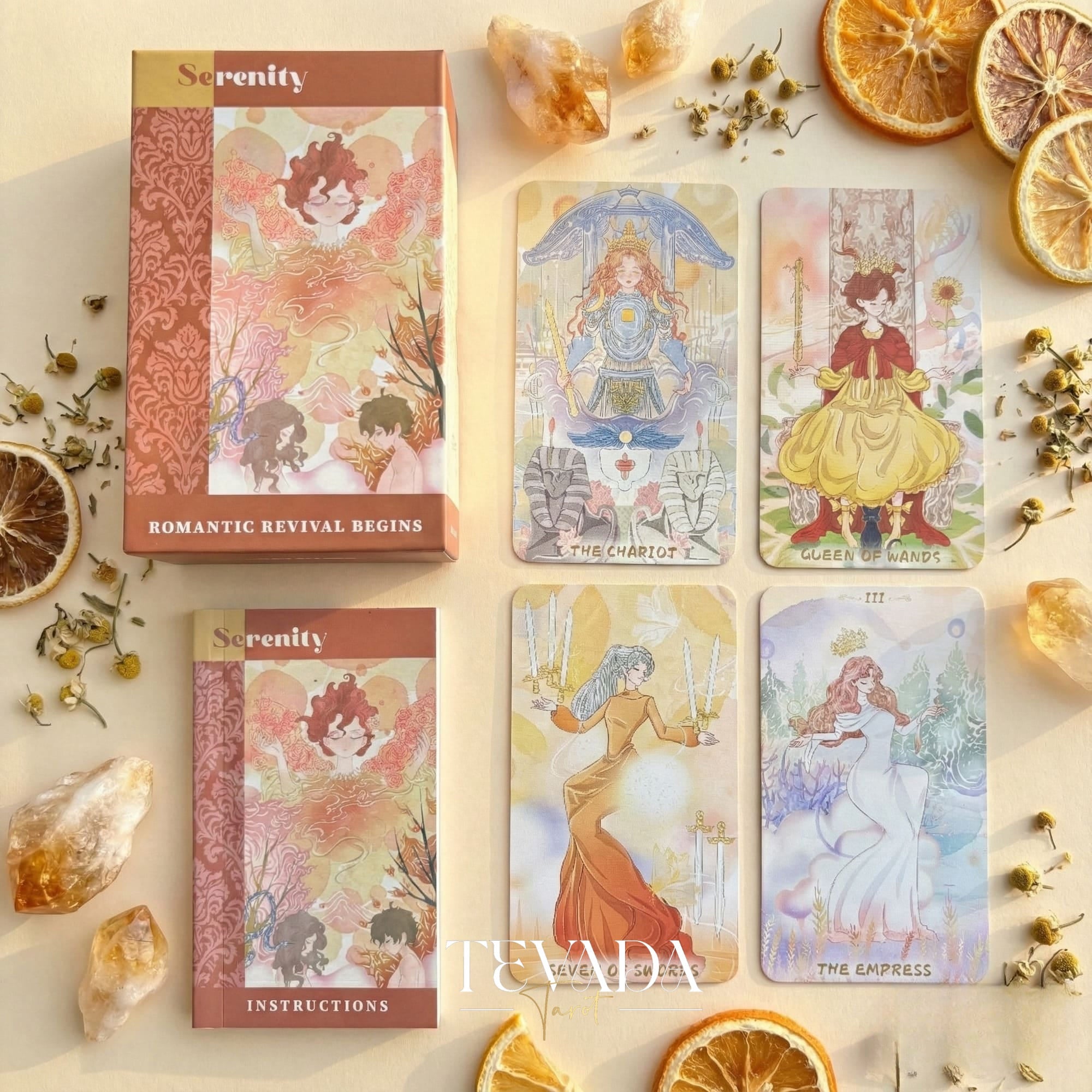 Serenity Tarot Deck vintage oil painting style Indie Tarot Cards with pastel holographic edges for daily ritual.