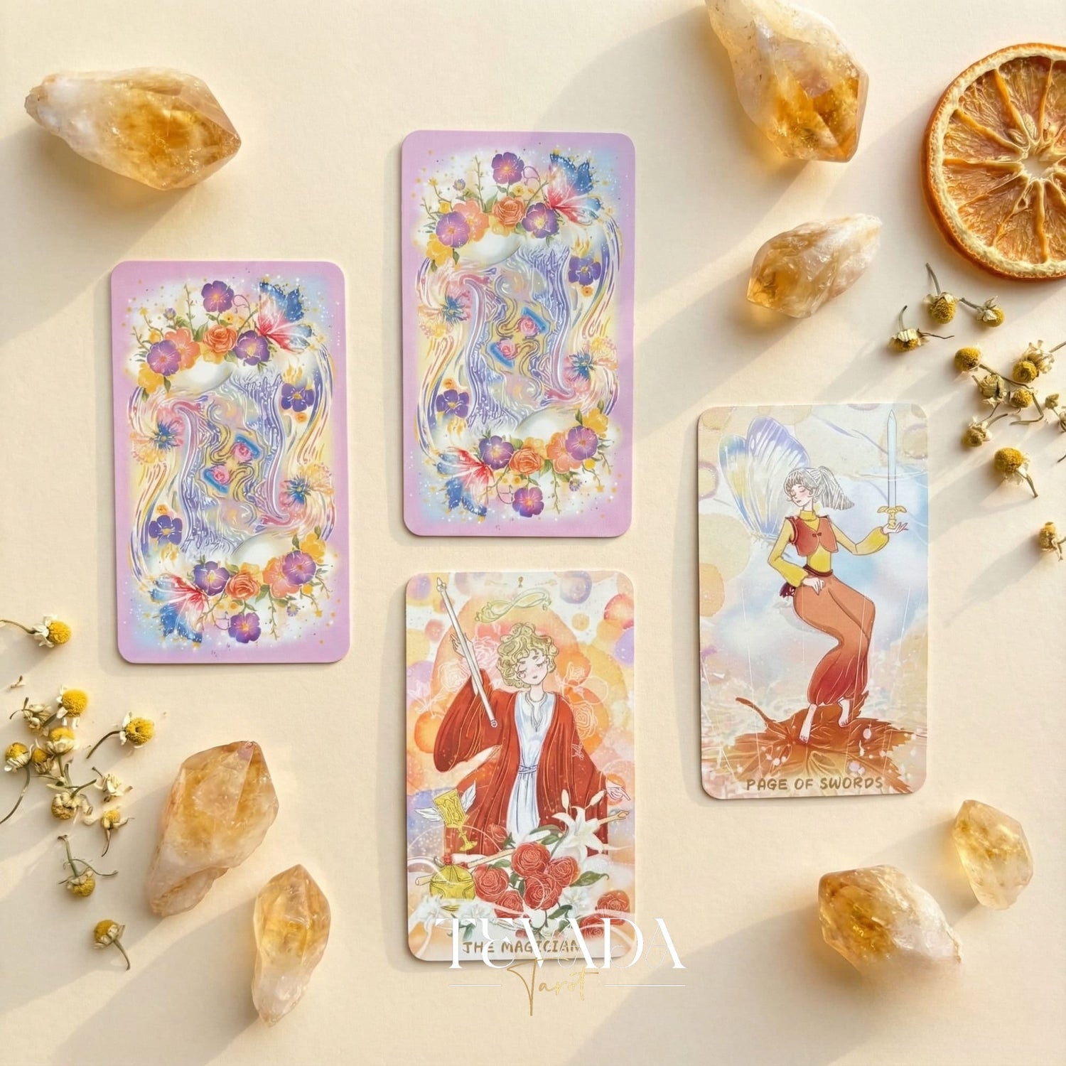 Serenity Tarot Deck vintage oil painting style Indie Tarot Cards with pastel holographic edges for daily ritual.
