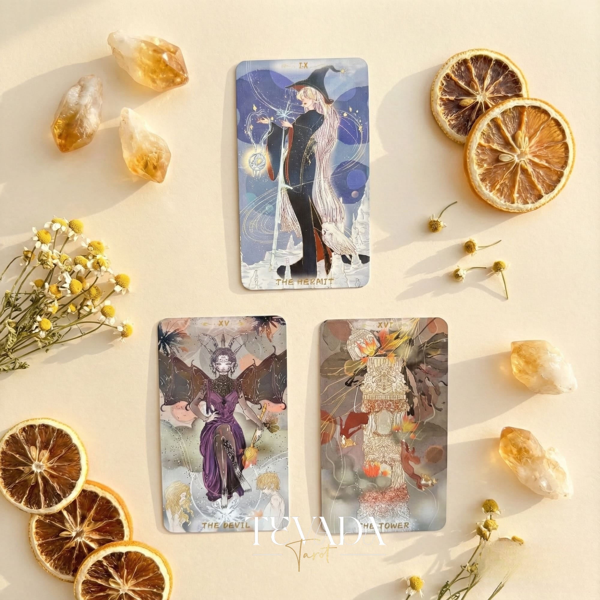 Serenity Tarot Deck vintage oil painting style Indie Tarot Cards with pastel holographic edges for daily ritual.
