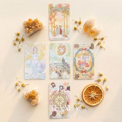 Serenity Tarot Deck vintage oil painting style Indie Tarot Cards with pastel holographic edges for daily ritual.