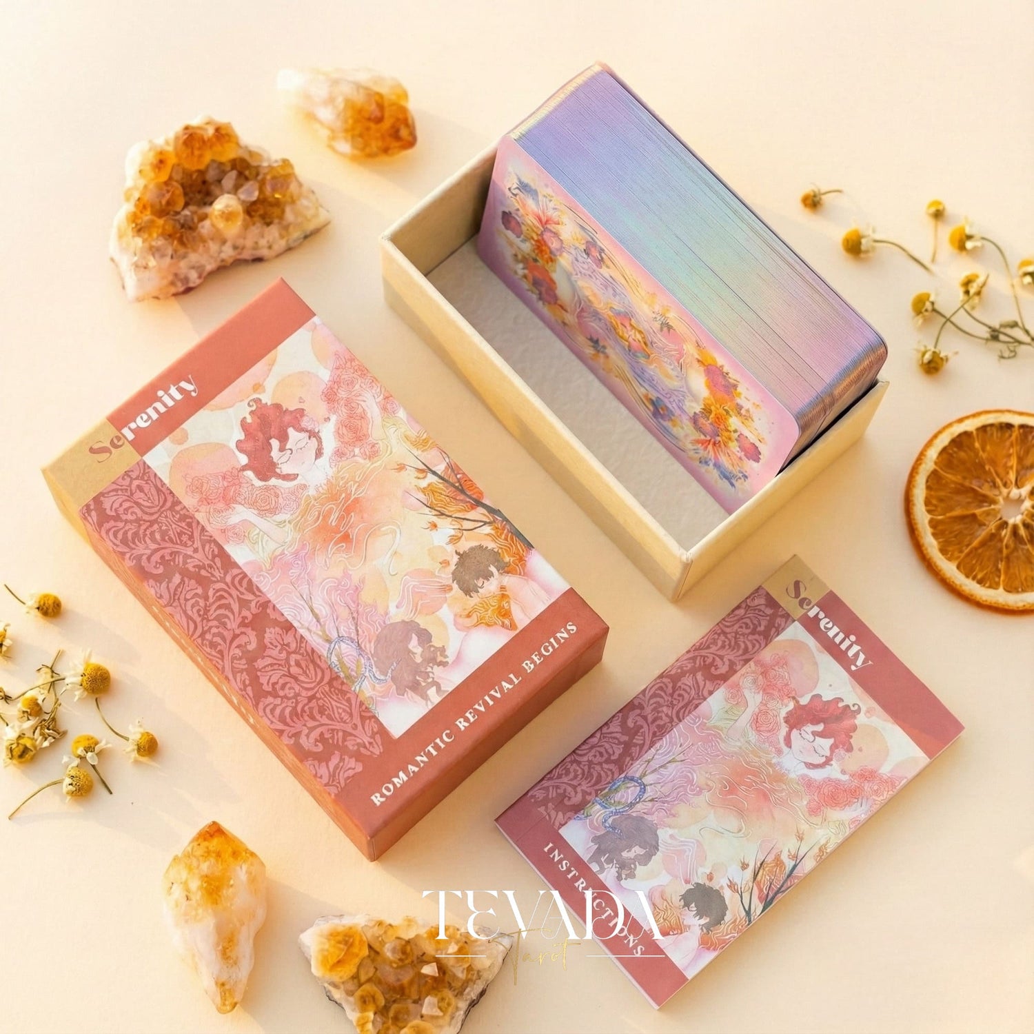 Serenity Tarot Deck vintage oil painting style Indie Tarot Cards with pastel holographic edges for daily ritual.