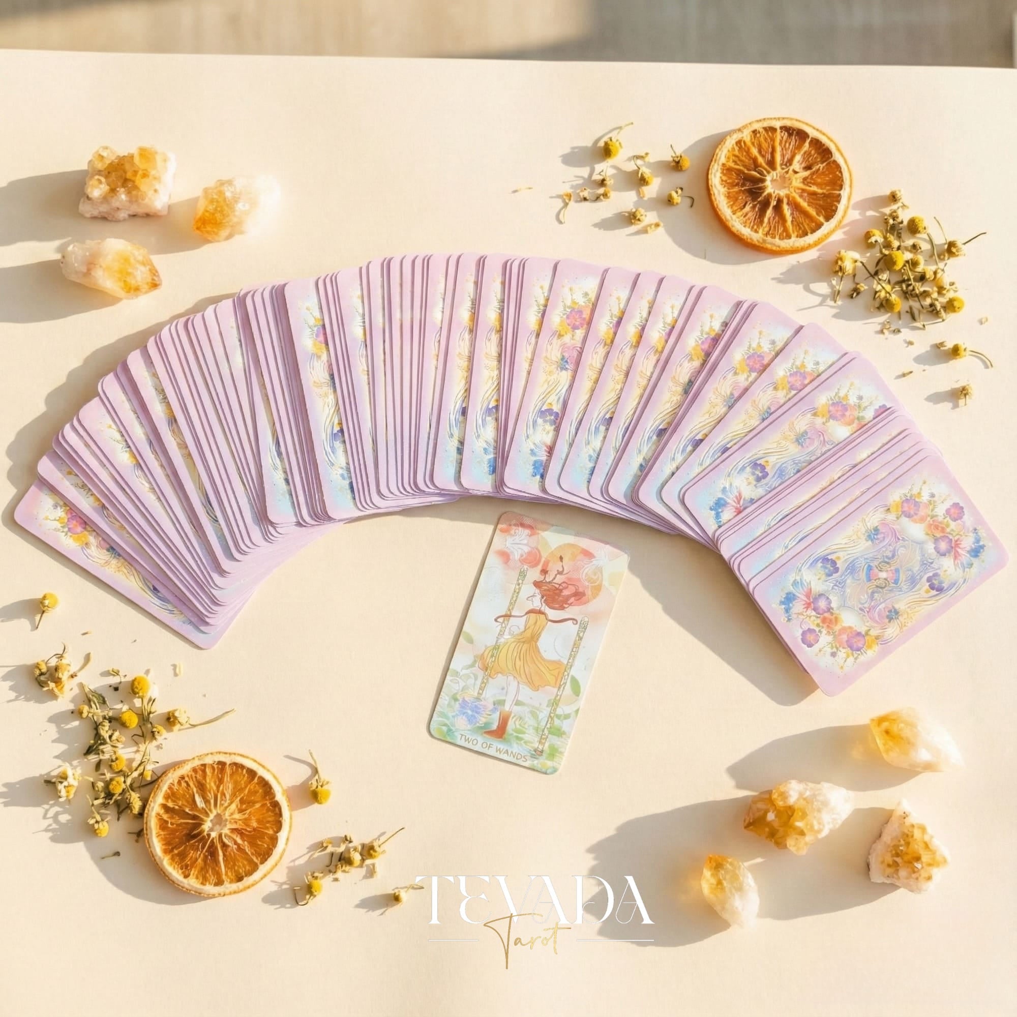 Serenity Tarot Deck vintage oil painting style Indie Tarot Cards with pastel holographic edges for daily ritual.