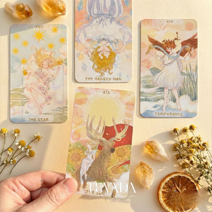 Serenity Tarot Deck vintage oil painting style Indie Tarot Cards with pastel holographic edges for daily ritual.