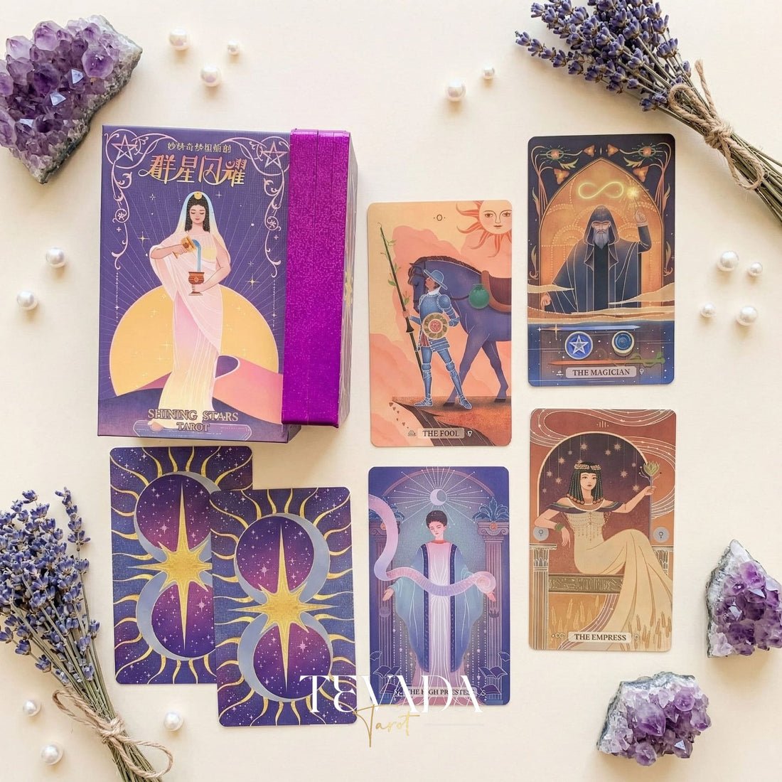 Shining Stars Tarot Deluxe Edition whimsical historical Indie Tarot Deck with purple glitter edges for shadow work.