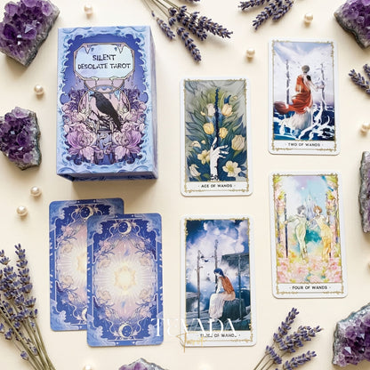 Silent Desolate Tarot DELUXE mysterious ethereal anime indie tarot deck with holographic silver edges for shadow work.