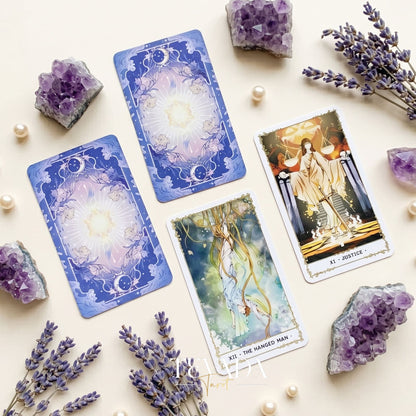 Silent Desolate Tarot DELUXE mysterious ethereal anime indie tarot deck with holographic silver edges for shadow work.