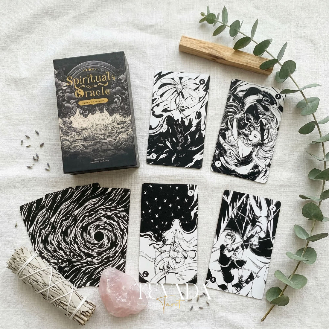 Spiritual Cycle Oracle mysterious black and white Indie Oracle Cards for shadow work and self reflection.