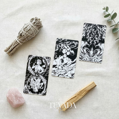 Spiritual Cycle Oracle mysterious black and white Indie Oracle Cards for shadow work and self reflection.