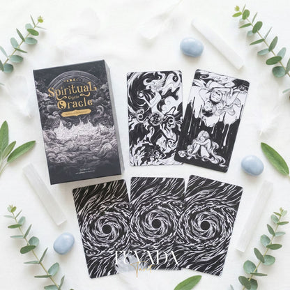 Spiritual Cycle Oracle mysterious black and white Indie Oracle Cards for shadow work and self reflection.