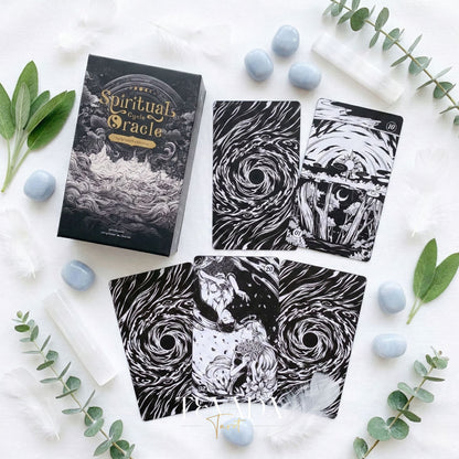 Spiritual Cycle Oracle mysterious black and white Indie Oracle Cards for shadow work and self reflection.