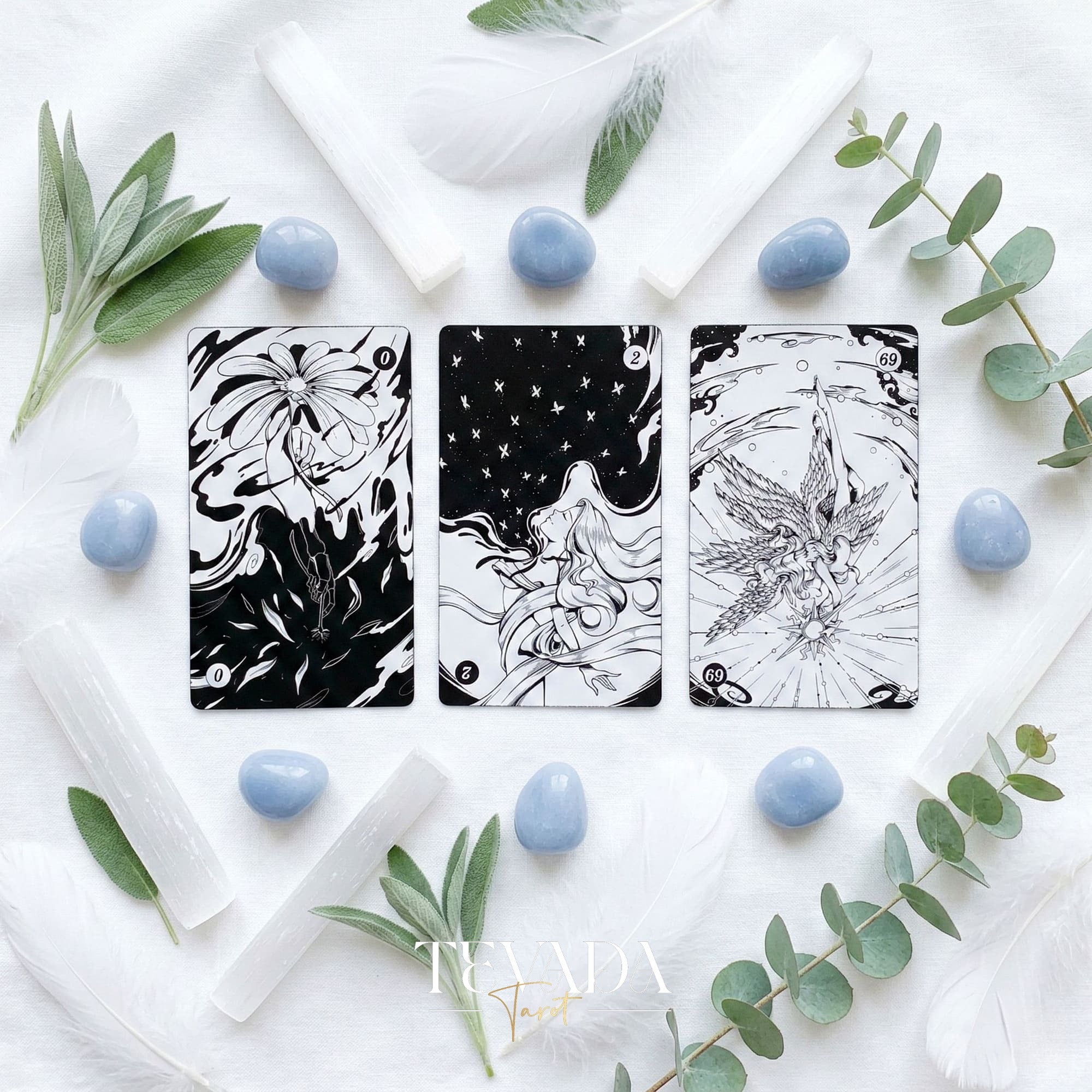 Spiritual Cycle Oracle mysterious black and white Indie Oracle Cards for shadow work and self reflection.