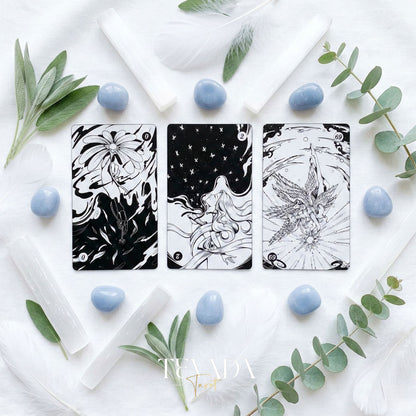 Spiritual Cycle Oracle mysterious black and white Indie Oracle Cards for shadow work and self reflection.