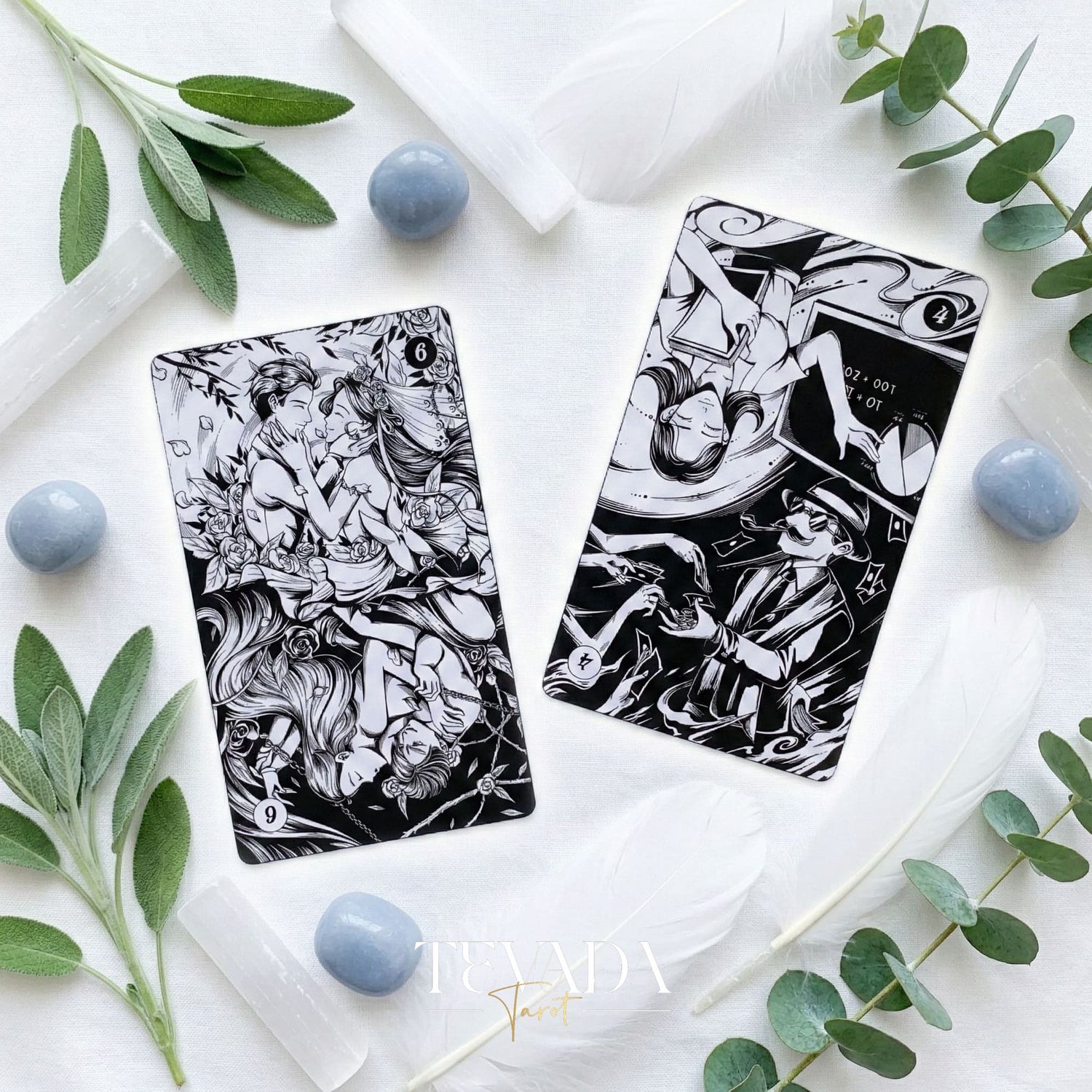 Spiritual Cycle Oracle mysterious black and white Indie Oracle Cards for shadow work and self reflection.