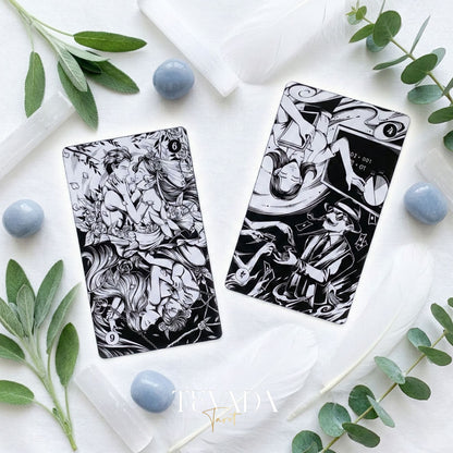 Spiritual Cycle Oracle mysterious black and white Indie Oracle Cards for shadow work and self reflection.