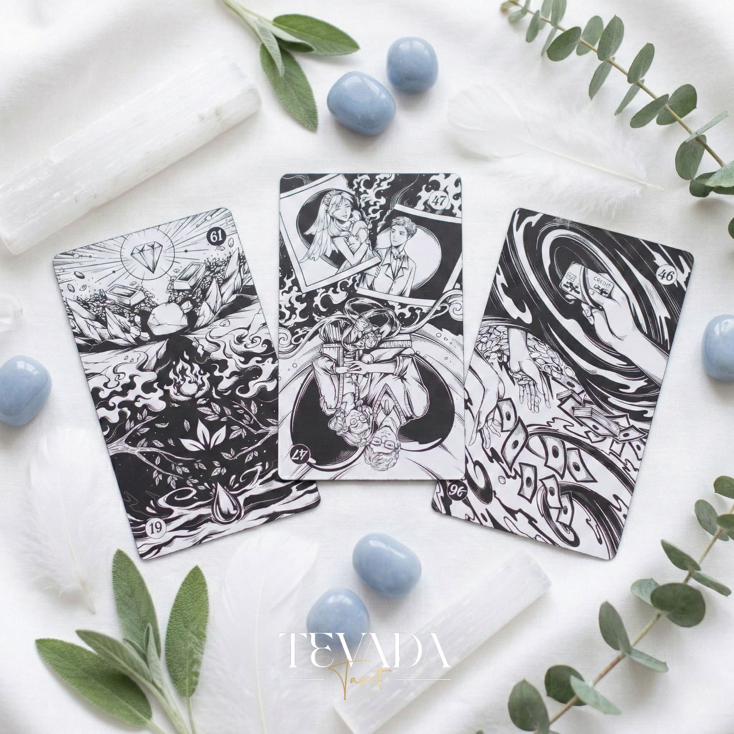 Spiritual Cycle Oracle mysterious black and white Indie Oracle Cards for shadow work and self reflection.