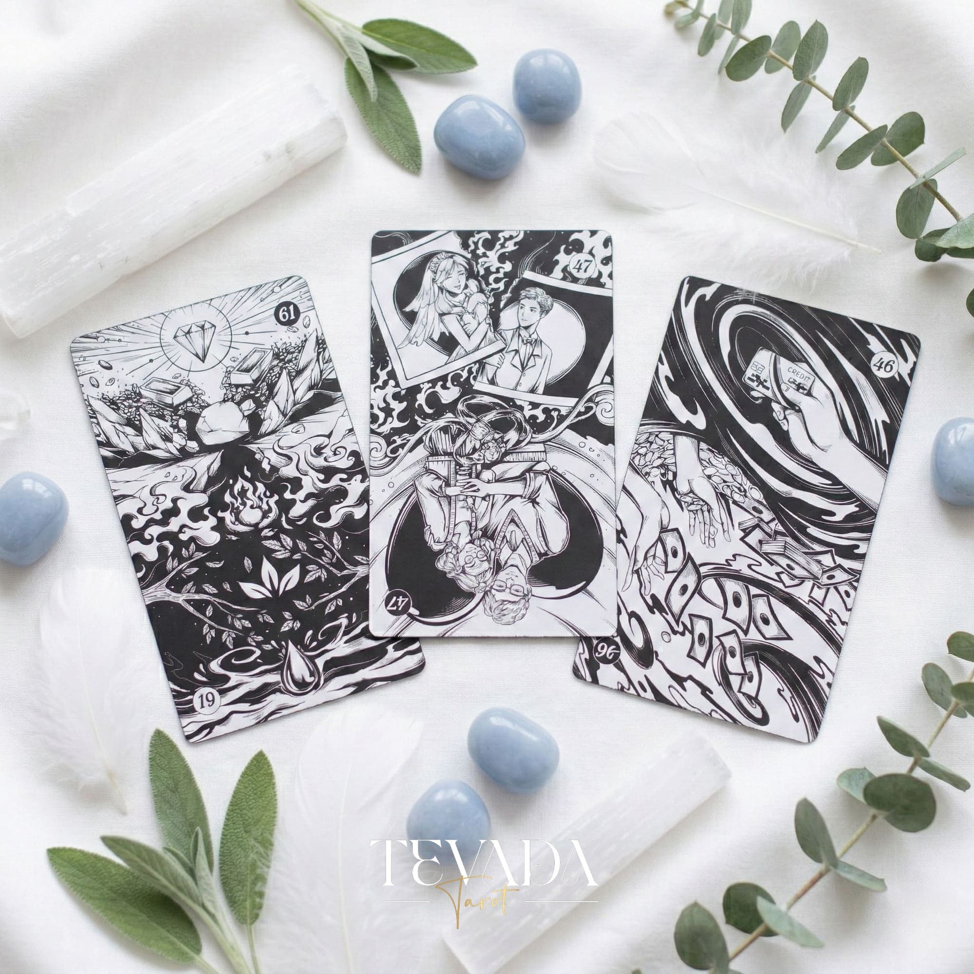 Spiritual Cycle Oracle mysterious black and white Indie Oracle Cards for shadow work and self reflection.