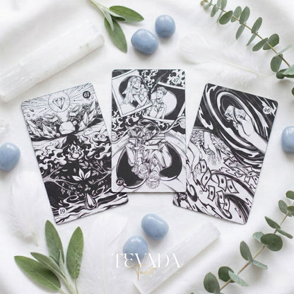 Spiritual Cycle Oracle mysterious black and white Indie Oracle Cards for shadow work and self reflection.