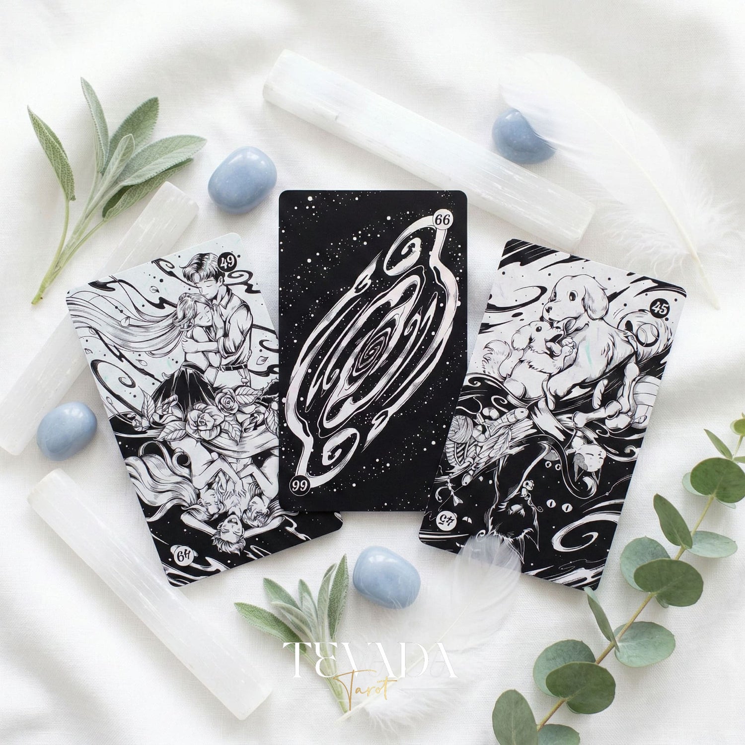 Spiritual Cycle Oracle mysterious black and white Indie Oracle Cards for shadow work and self reflection.