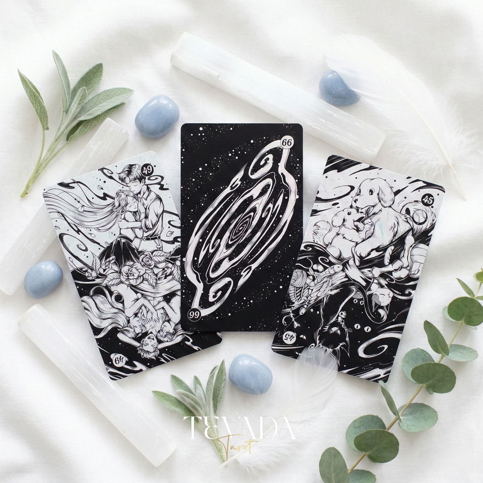 Spiritual Cycle Oracle mysterious black and white Indie Oracle Cards for shadow work and self reflection.