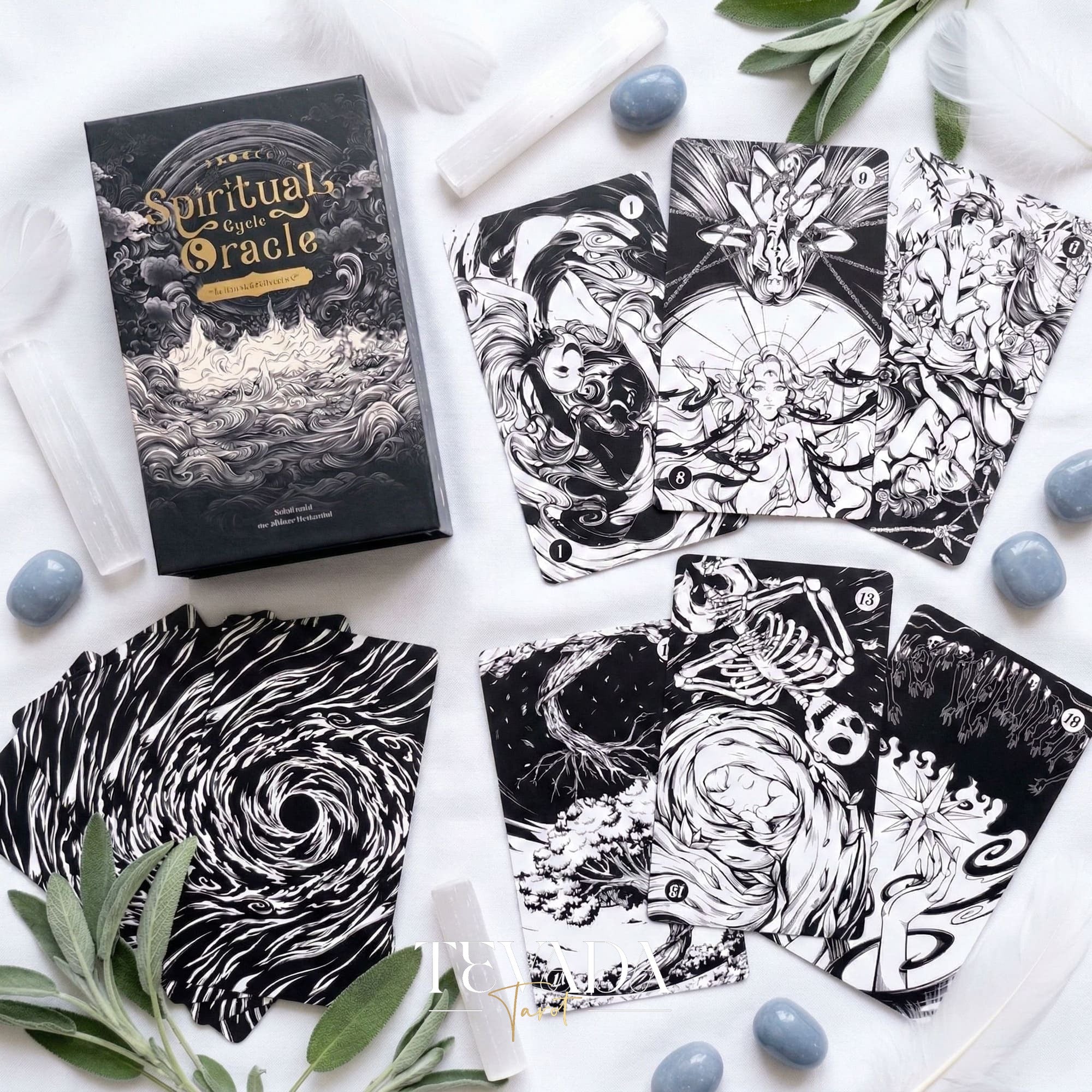 Spiritual Cycle Oracle mysterious black and white Indie Oracle Cards for shadow work and self reflection.