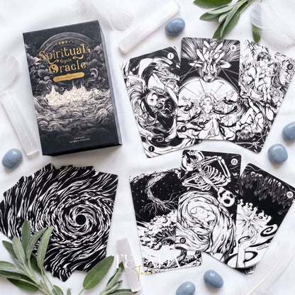 Spiritual Cycle Oracle mysterious black and white Indie Oracle Cards for shadow work and self reflection.