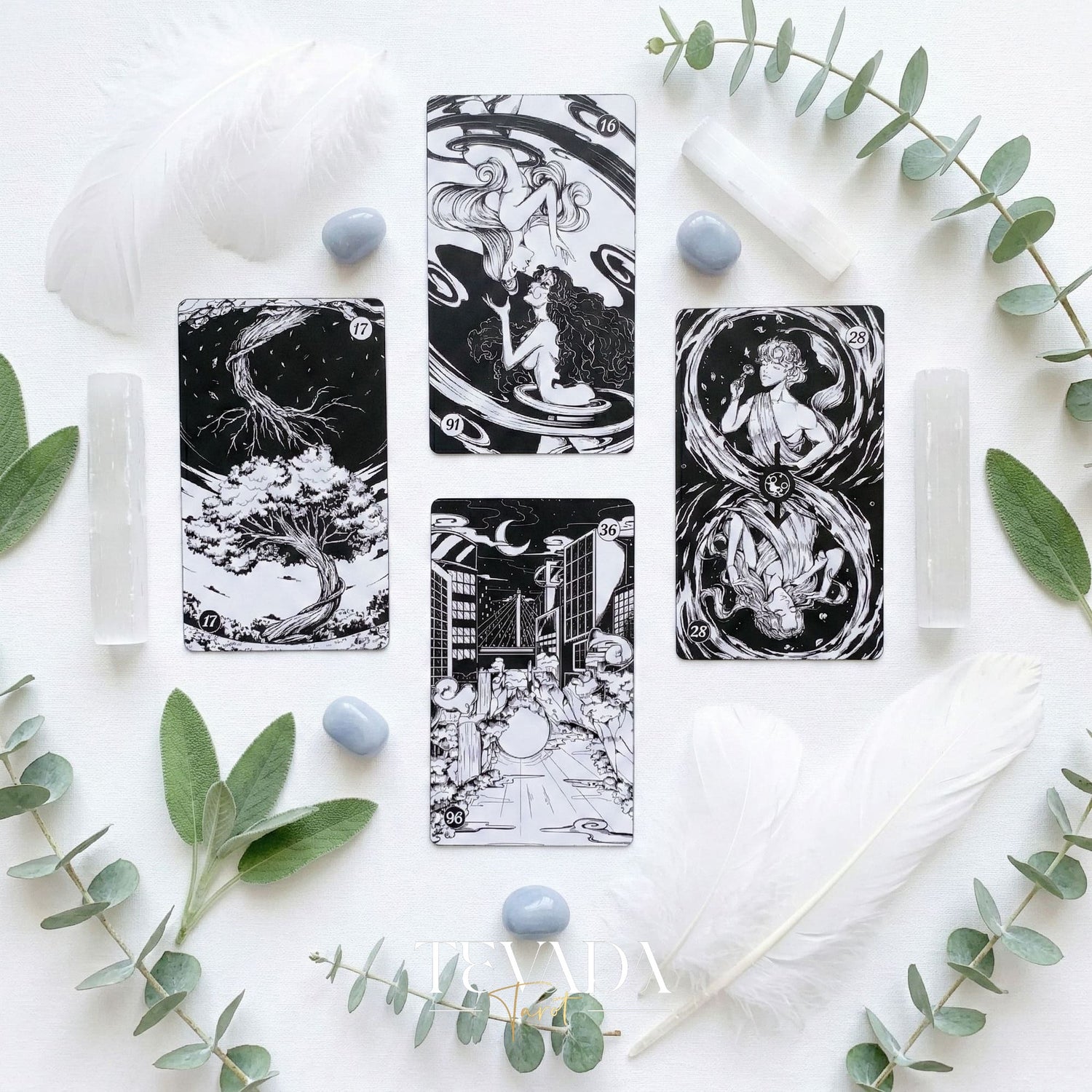 Spiritual Cycle Oracle mysterious black and white Indie Oracle Cards for shadow work and self reflection.