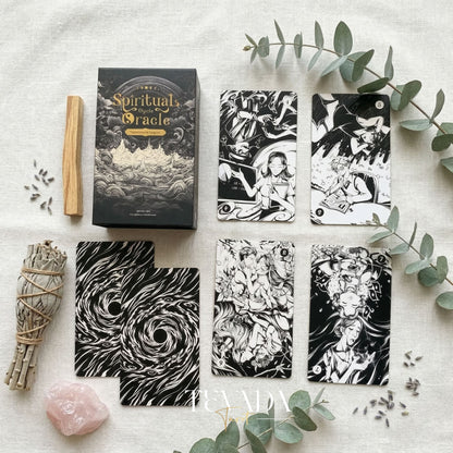 Spiritual Cycle Oracle mysterious black and white Indie Oracle Cards for shadow work and self reflection.
