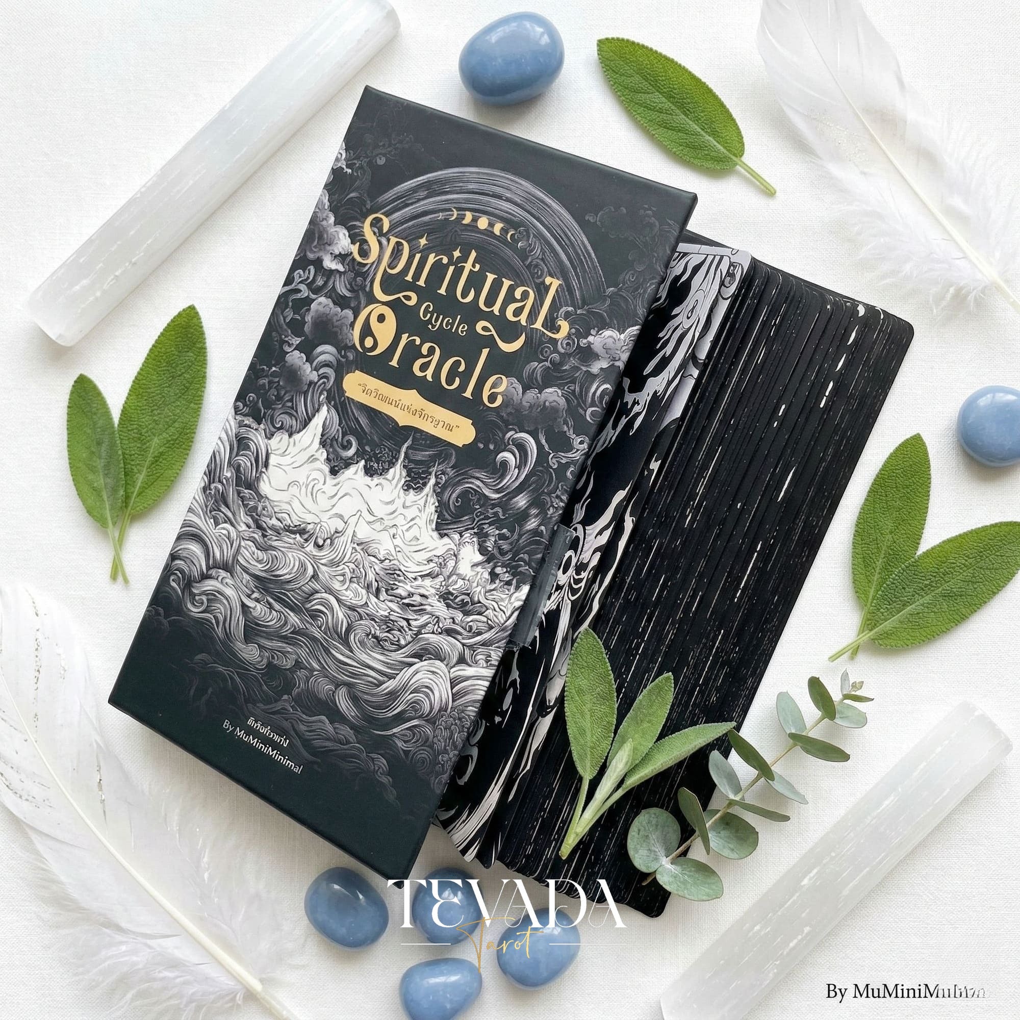 Spiritual Cycle Oracle mysterious black and white Indie Oracle Cards for shadow work and self reflection.