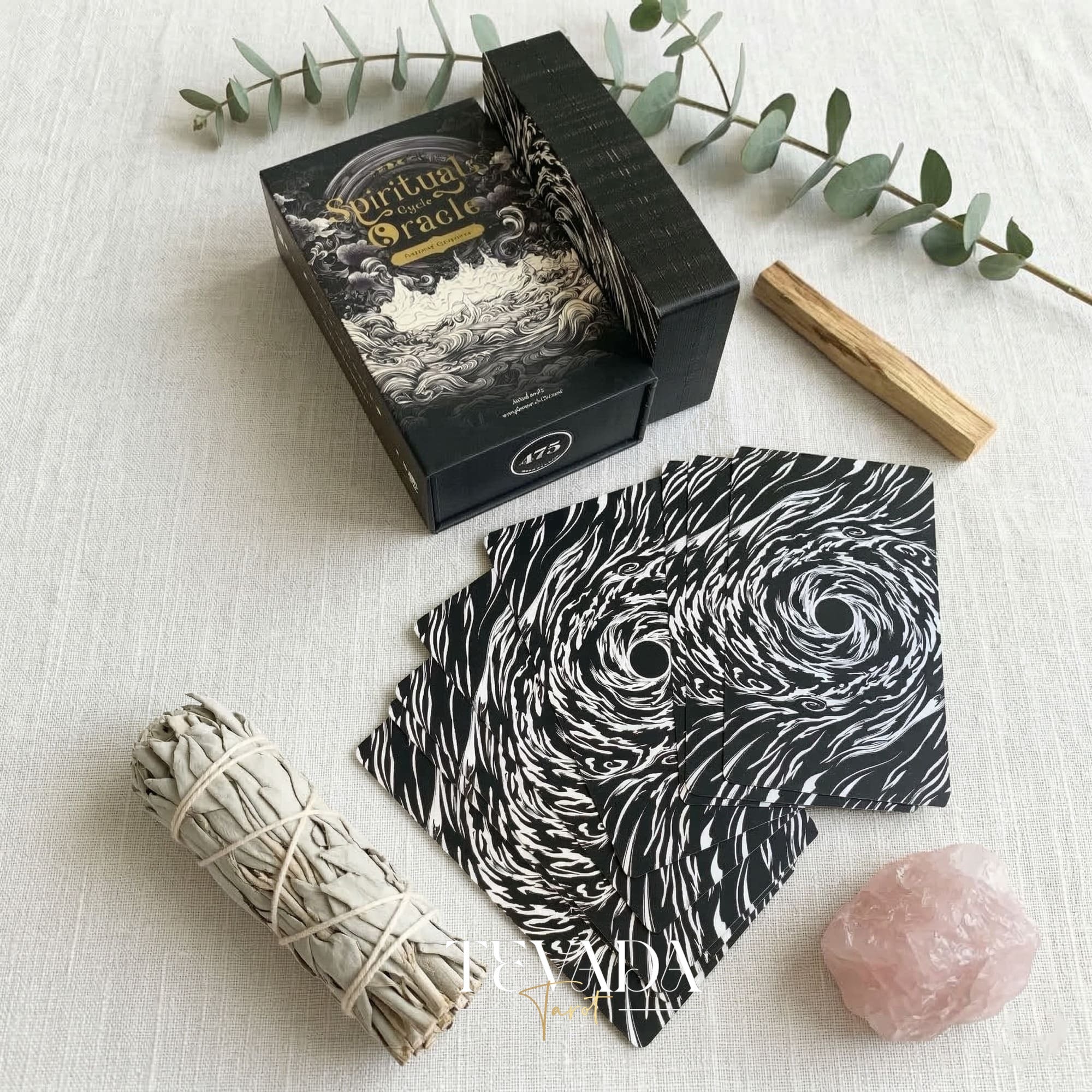 Spiritual Cycle Oracle mysterious black and white Indie Oracle Cards for shadow work and self reflection.