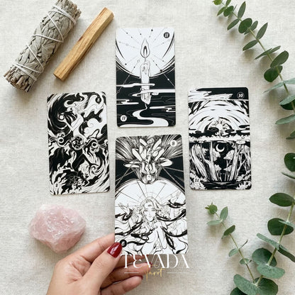 Spiritual Cycle Oracle mysterious black and white Indie Oracle Cards for shadow work and self reflection.