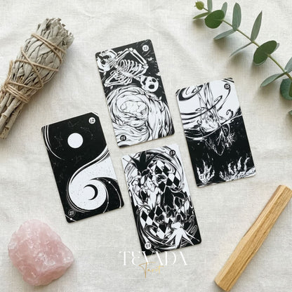 Spiritual Cycle Oracle mysterious black and white Indie Oracle Cards for shadow work and self reflection.