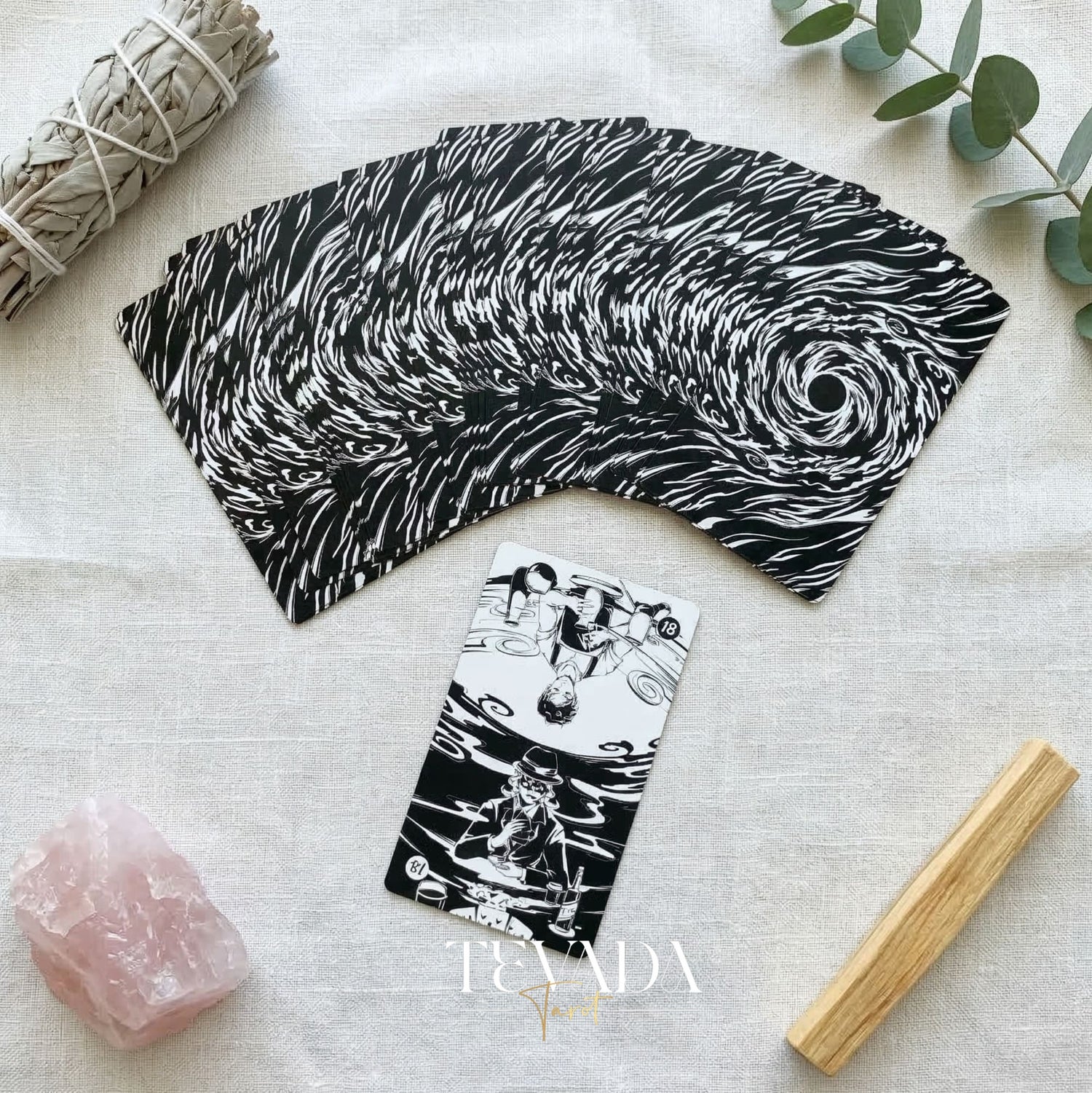 Spiritual Cycle Oracle mysterious black and white Indie Oracle Cards for shadow work and self reflection.