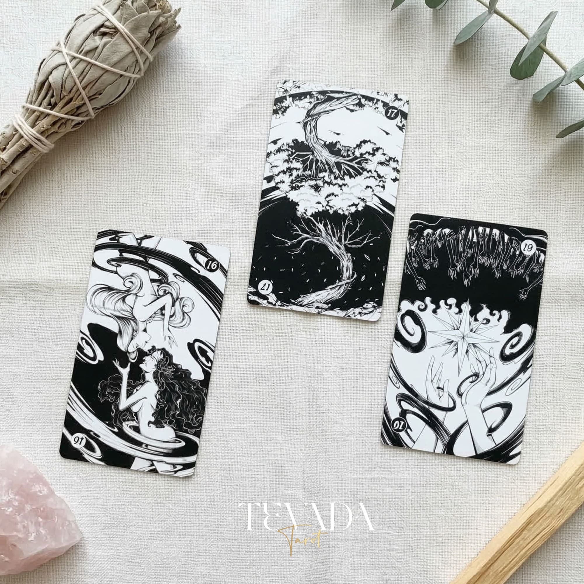 Spiritual Cycle Oracle mysterious black and white Indie Oracle Cards for shadow work and self reflection.