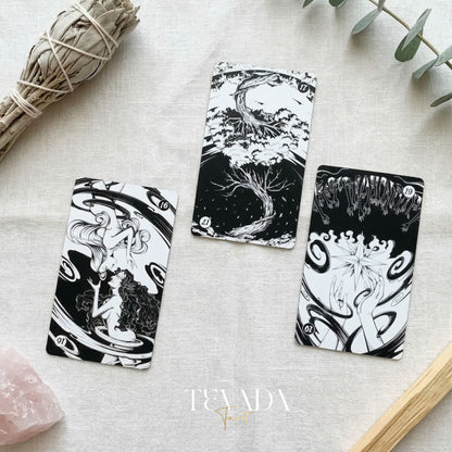 Spiritual Cycle Oracle mysterious black and white Indie Oracle Cards for shadow work and self reflection.