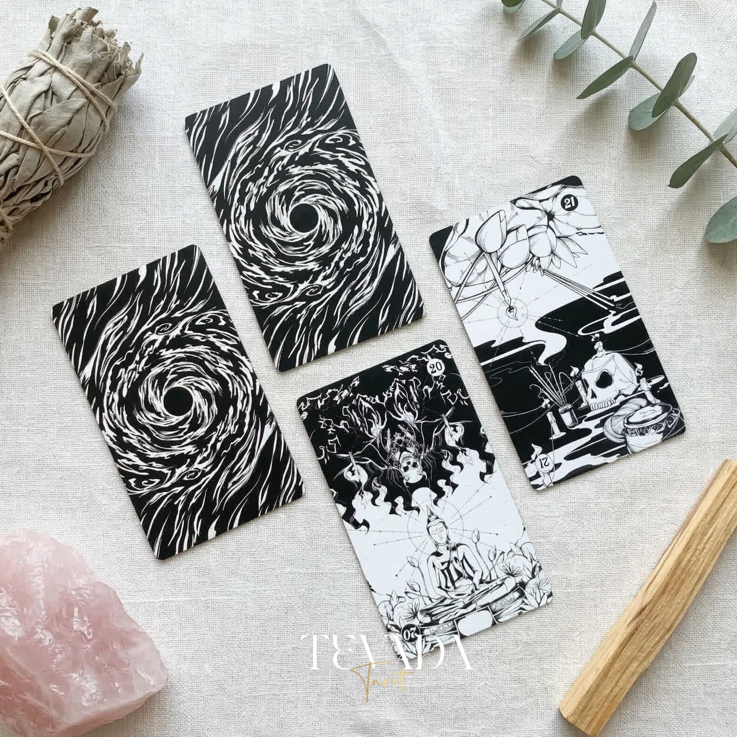 Spiritual Cycle Oracle mysterious black and white Indie Oracle Cards for shadow work and self reflection.