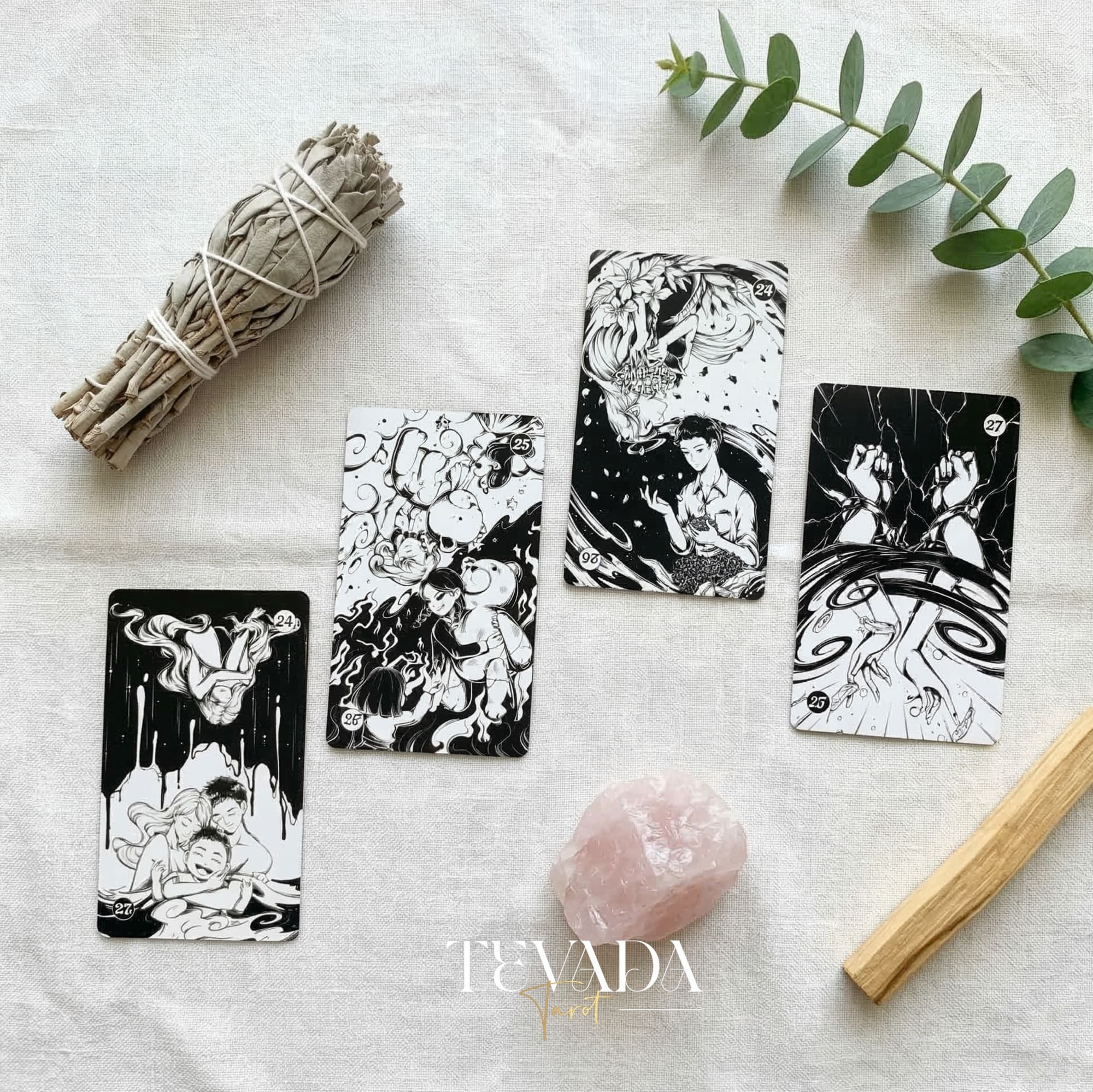 Spiritual Cycle Oracle mysterious black and white Indie Oracle Cards for shadow work and self reflection.